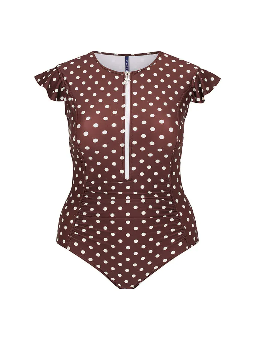 Capriosca Chocolate Polka Dot Frill Sleeve One Piece - Image 10