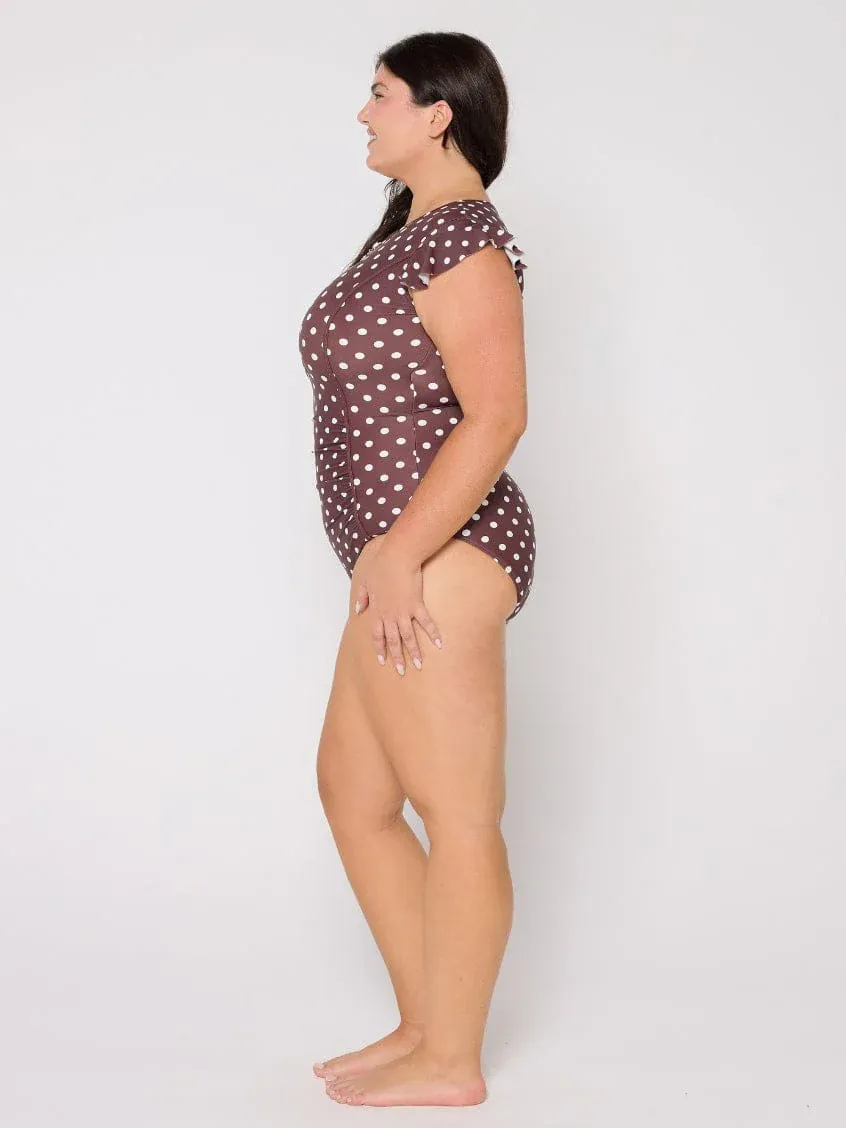 Capriosca Chocolate Polka Dot Frill Sleeve One Piece - Image 7