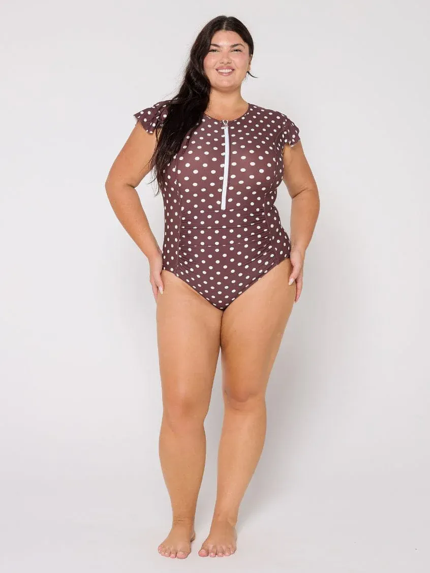 Capriosca Chocolate Polka Dot Frill Sleeve One Piece - Image 8