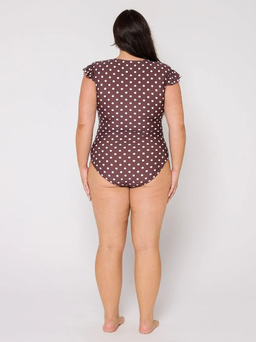 Capriosca Chocolate Polka Dot Frill Sleeve One Piece - Image 9