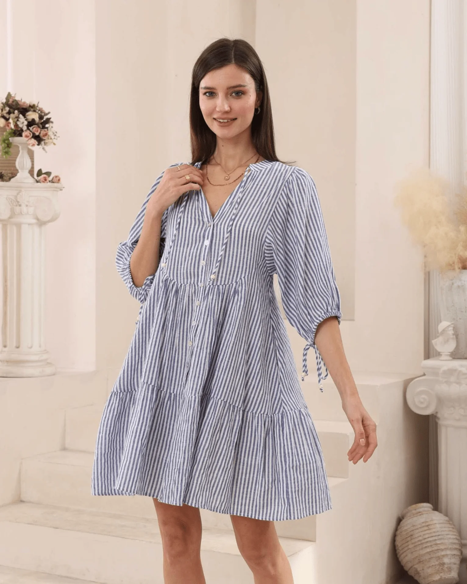 Iris Maxi Cotton Babydoll Dress - Blue Stripe