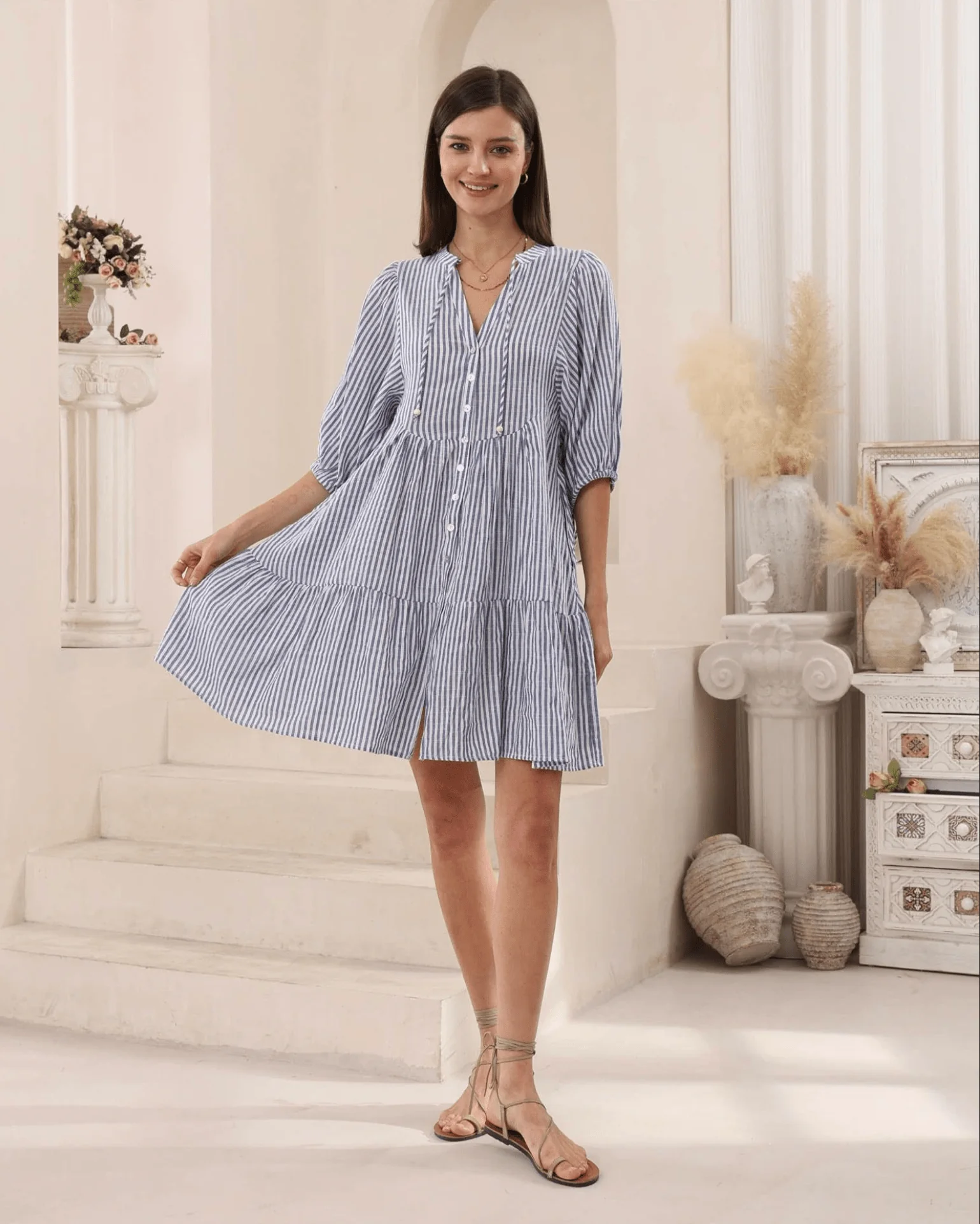 Iris Maxi Cotton Babydoll Dress - Blue Stripe - Image 2