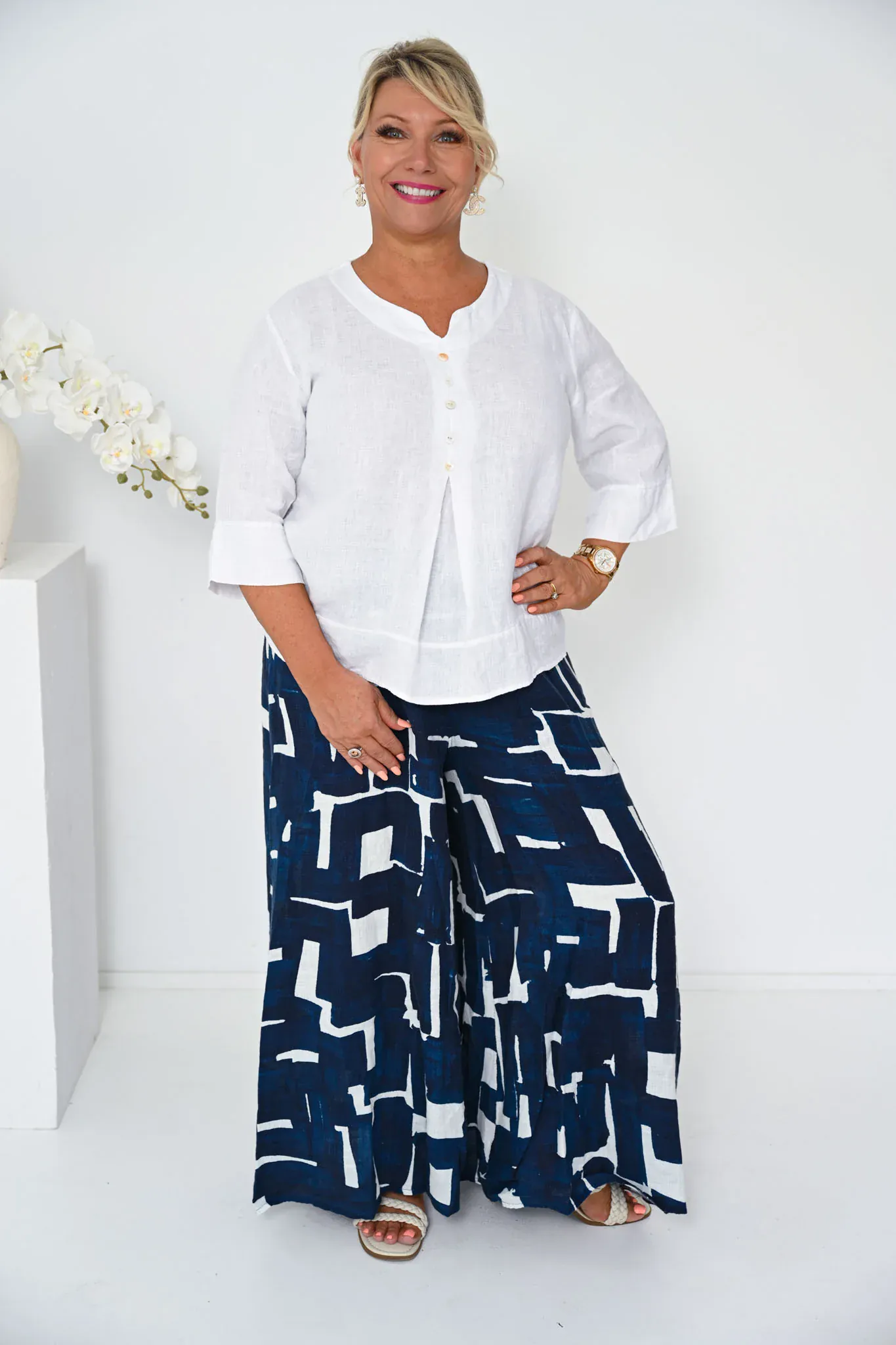 Donna Donna Linen Wide Leg Culotte Pant - Saba Navy