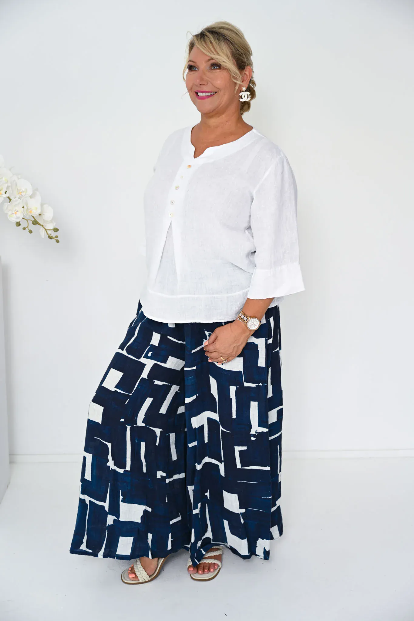 Donna Donna Linen Wide Leg Culotte Pant - Saba Navy - Image 3