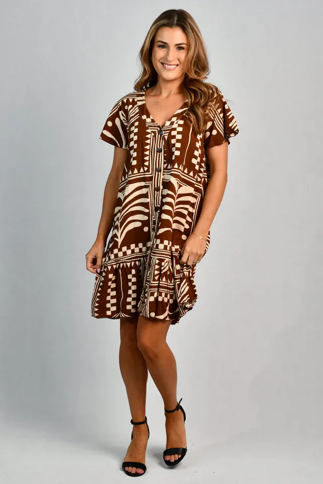 Go Girl Cap Sleeve Button Dress - Tribal Artisan Brown
