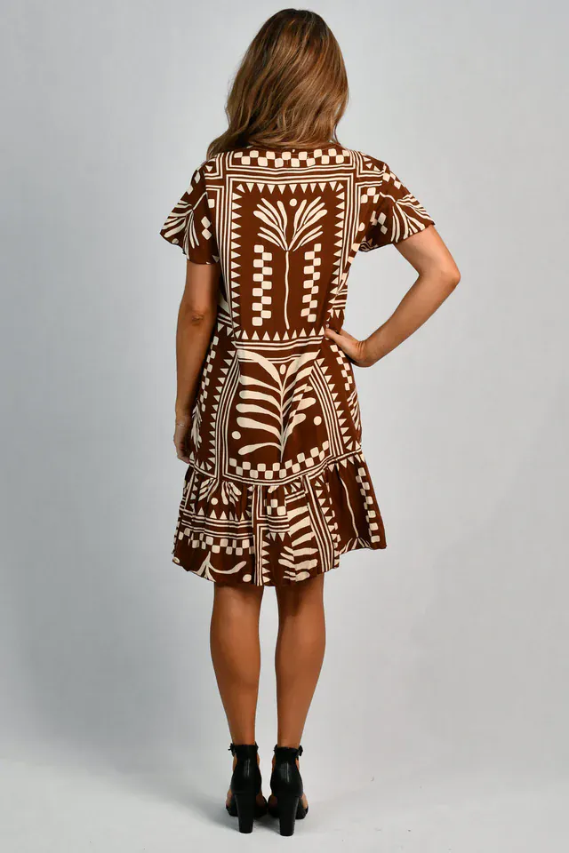 Go Girl Cap Sleeve Button Dress - Tribal Artisan Brown - Image 2