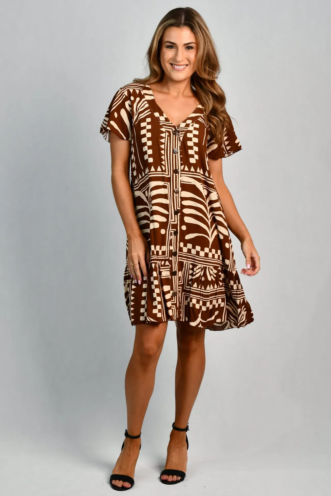 Go Girl Cap Sleeve Button Dress - Tribal Artisan Brown - Image 3