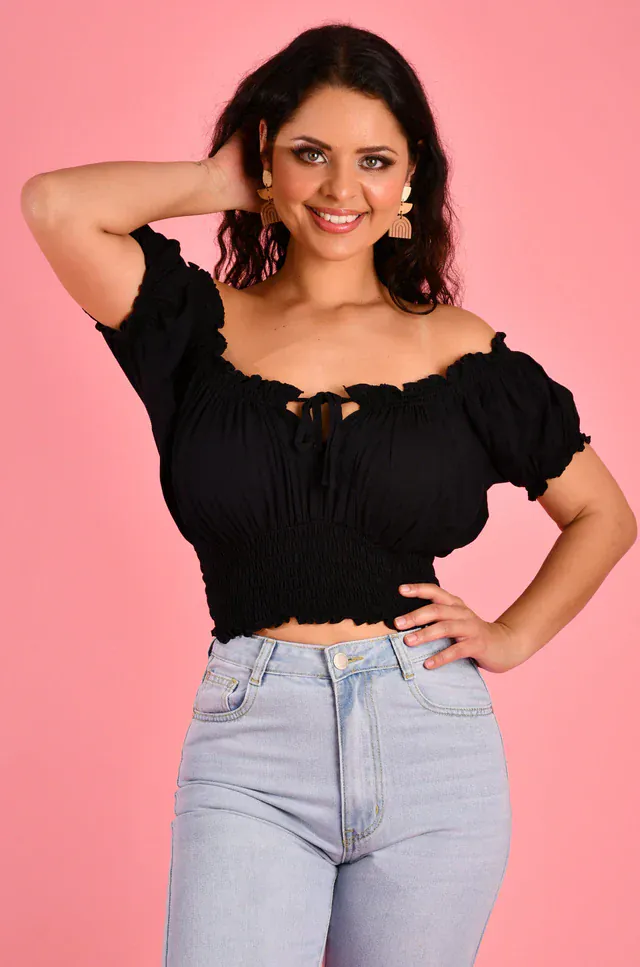 Go Girl Peasant Top With Rouched Hem - Black - Image 2