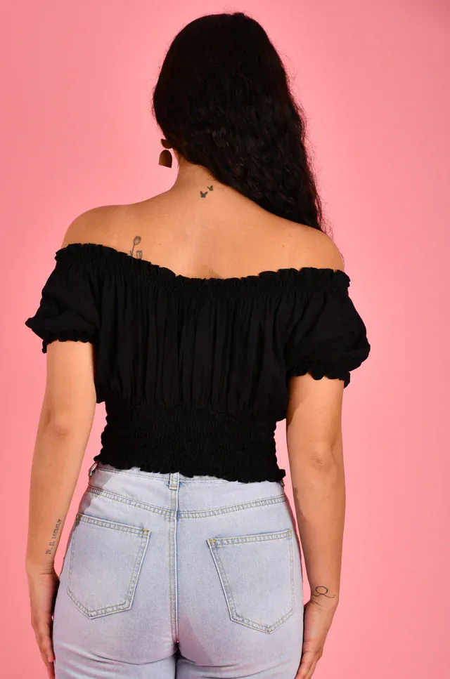Go Girl Peasant Top With Rouched Hem - Black - Image 5