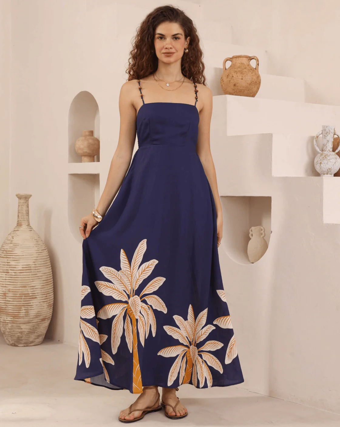 Iris Maxi Golden Palm Maxi Dress - Navy