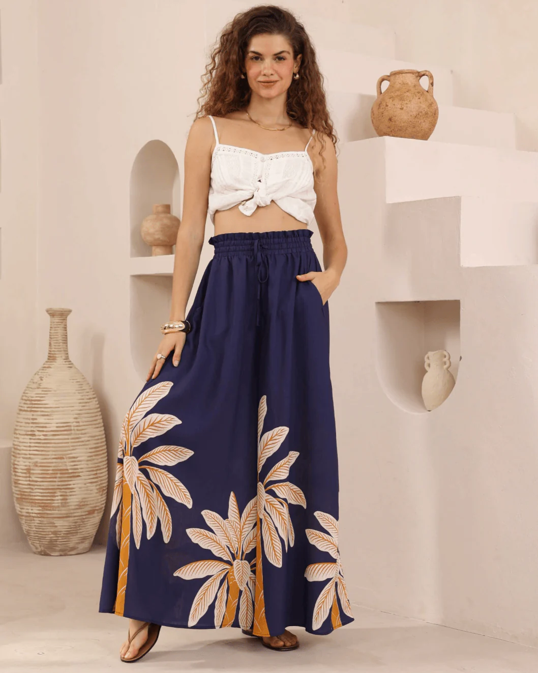 Iris Maxi Golden Palm Wide Leg Pant - Navy