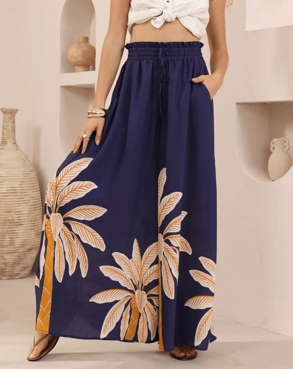 Iris Maxi Golden Palm Wide Leg Pant - Navy - Image 2