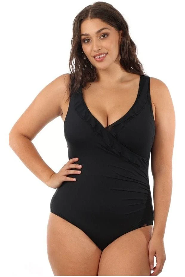 Jantzen Cosmo Mesh Frill Cross Front One Piece - Black - Image 3