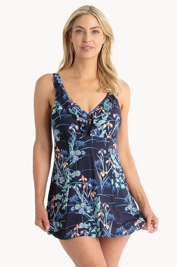 Jantzen Maja Mesh Ruffle Swim Dress One Piece - Navy