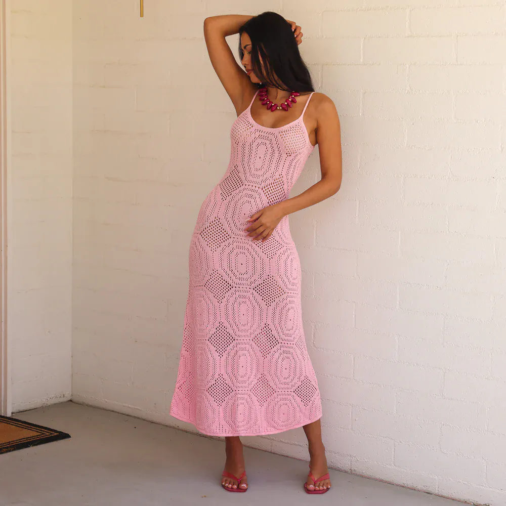 Kulani Kinis Pocket Pink Crochet Lace Knit Maxi Dress - Image 5