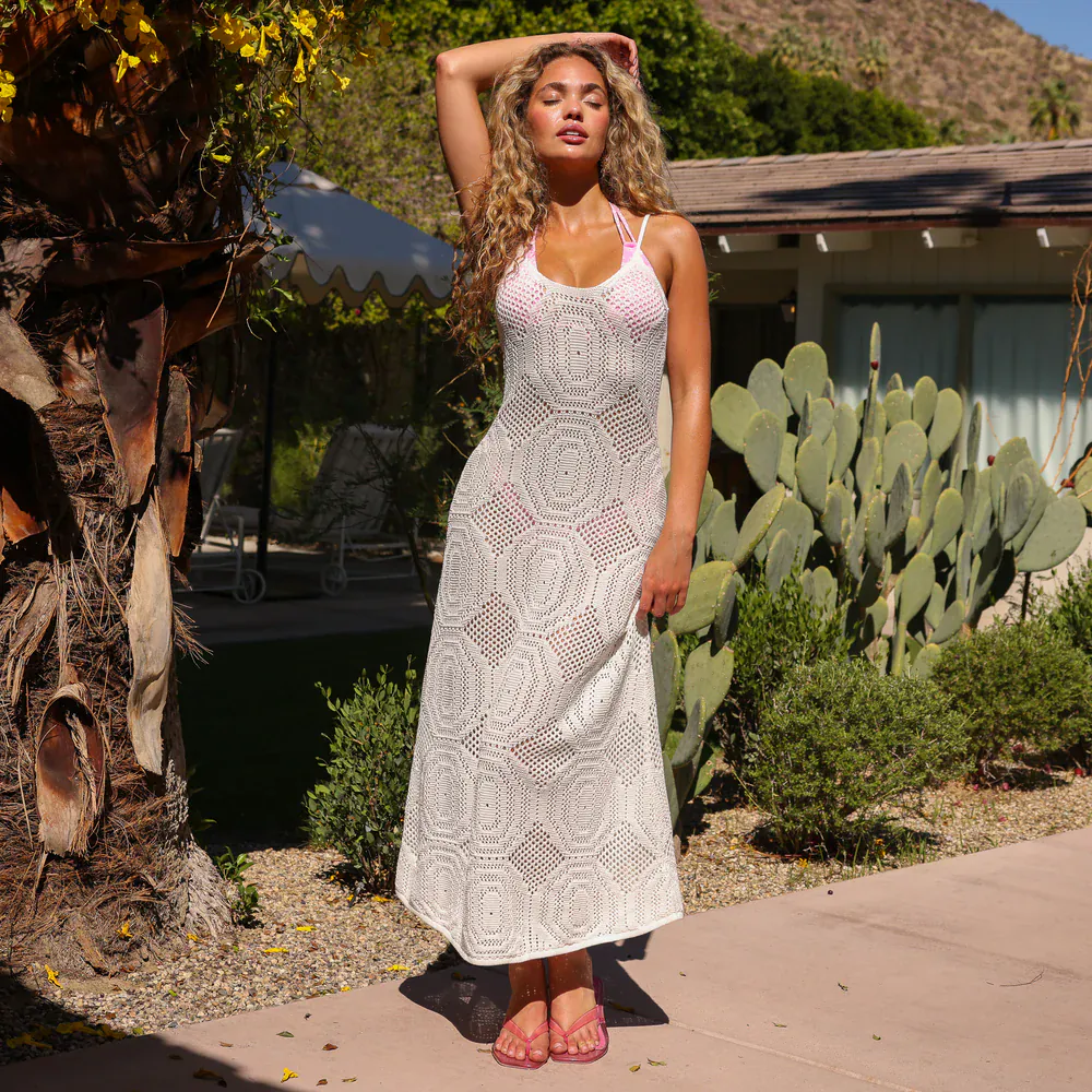 Kulani Kinis Whipped White Crochet Lace Knit Maxi Dress