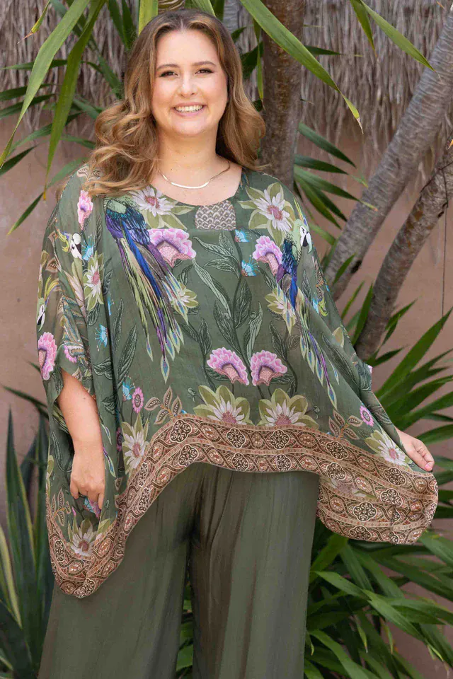 La Sofia Gabriella Batwing Silk Top - Sanctuary Green