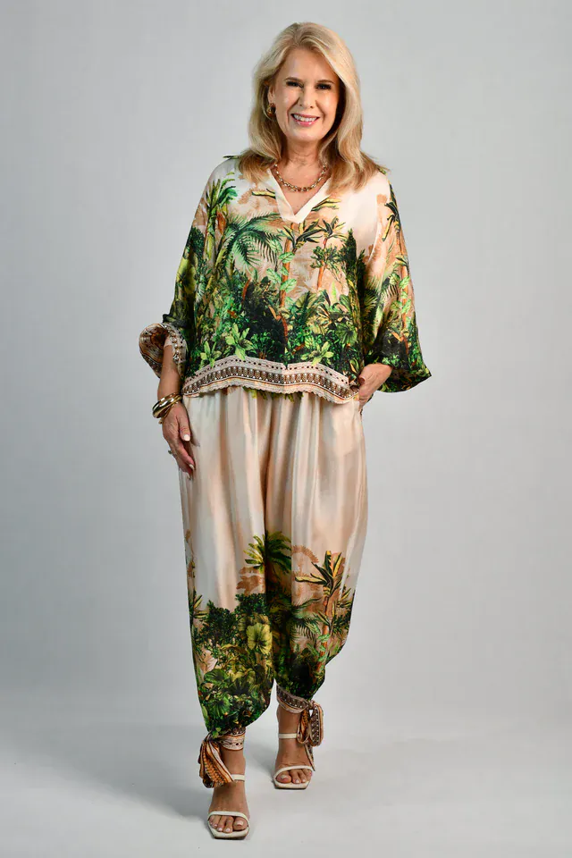 La Sofia Madam Silk Top - Ivory Rainforest