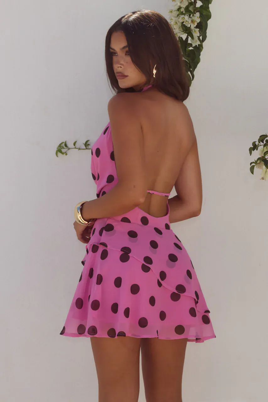 Runaway The Label Imali Halter Cowl Mini Dress - Musk/Choc Polka - Image 2