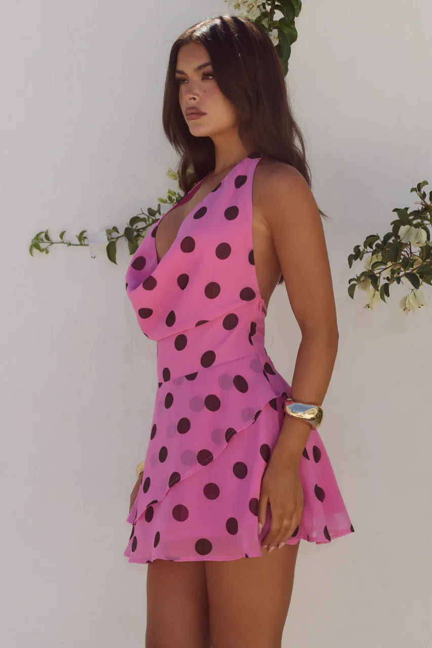 Runaway The Label Imali Halter Cowl Mini Dress - Musk/Choc Polka - Image 3
