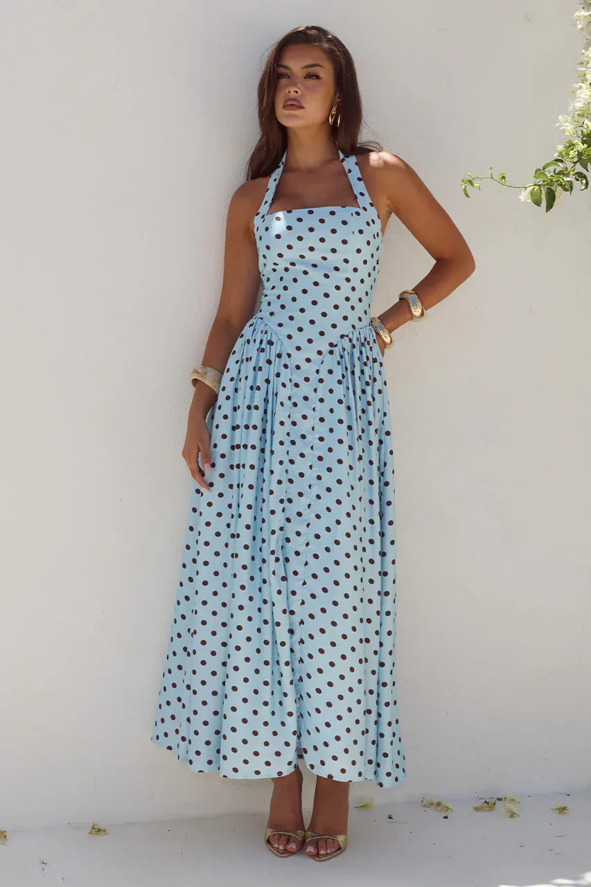Runaway The Label Sammi Halter Midi Dress - Sky Blue/Choc Polka