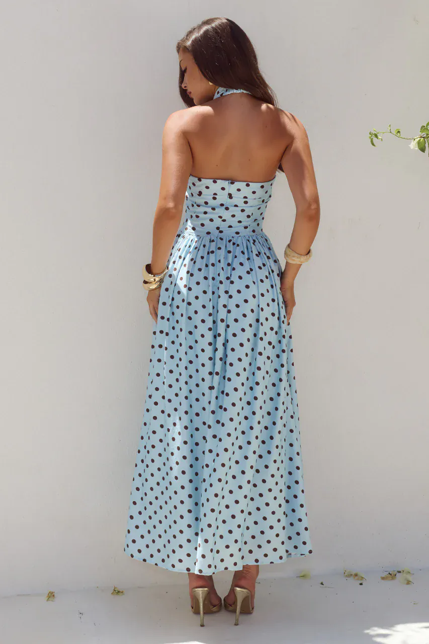 Runaway The Label Sammi Halter Midi Dress - Sky Blue/Choc Polka - Image 2