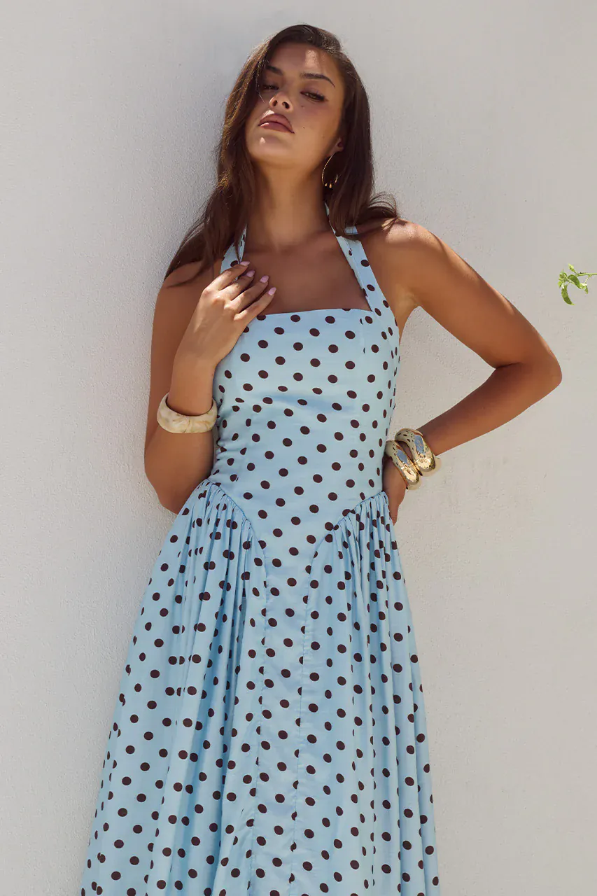 Runaway The Label Sammi Halter Midi Dress - Sky Blue/Choc Polka - Image 3