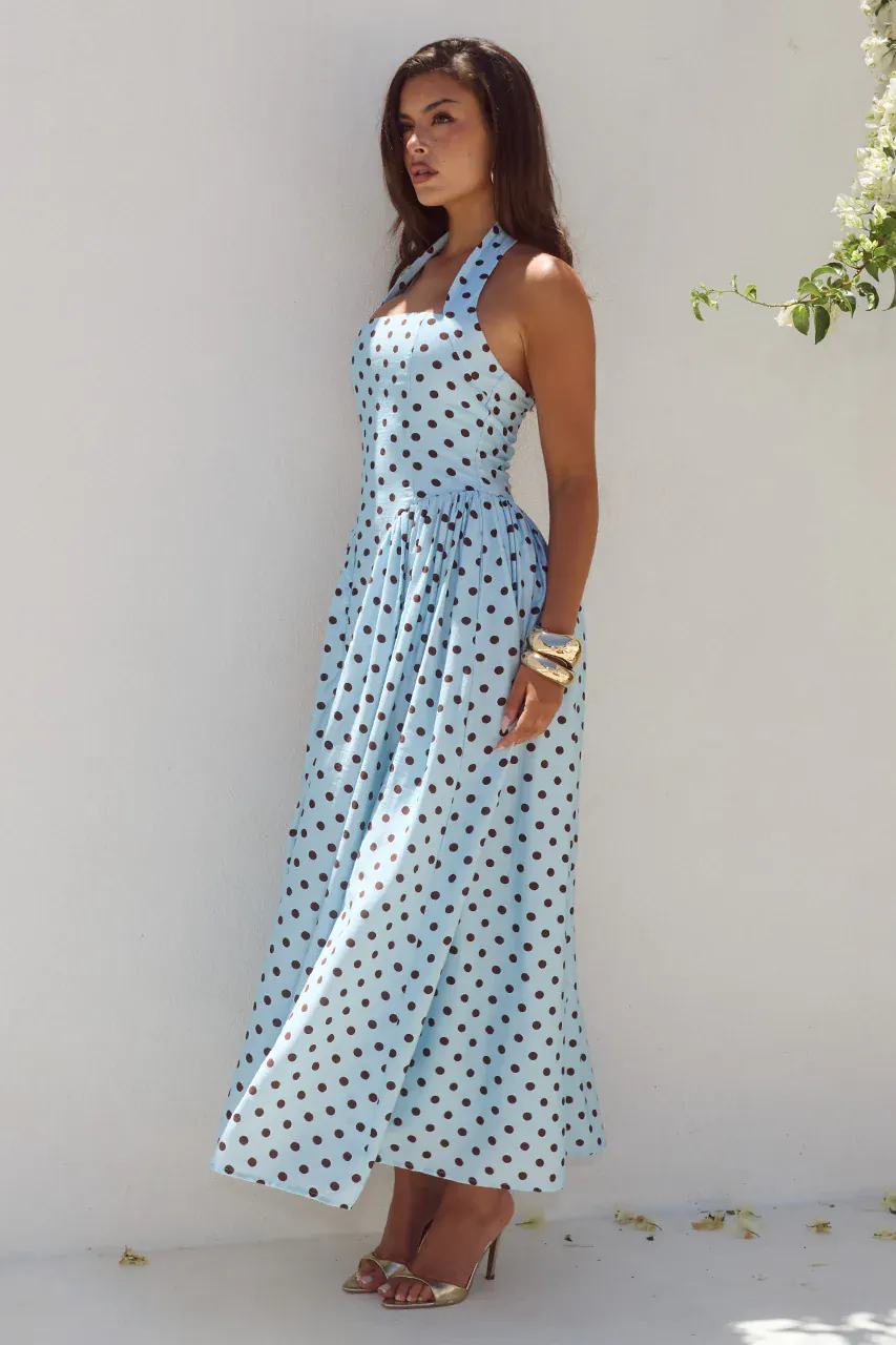 Runaway The Label Sammi Halter Midi Dress - Sky Blue/Choc Polka - Image 4