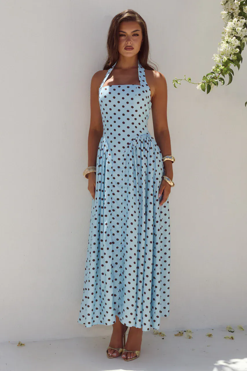 Runaway The Label Sammi Halter Midi Dress - Sky Blue/Choc Polka - Image 5