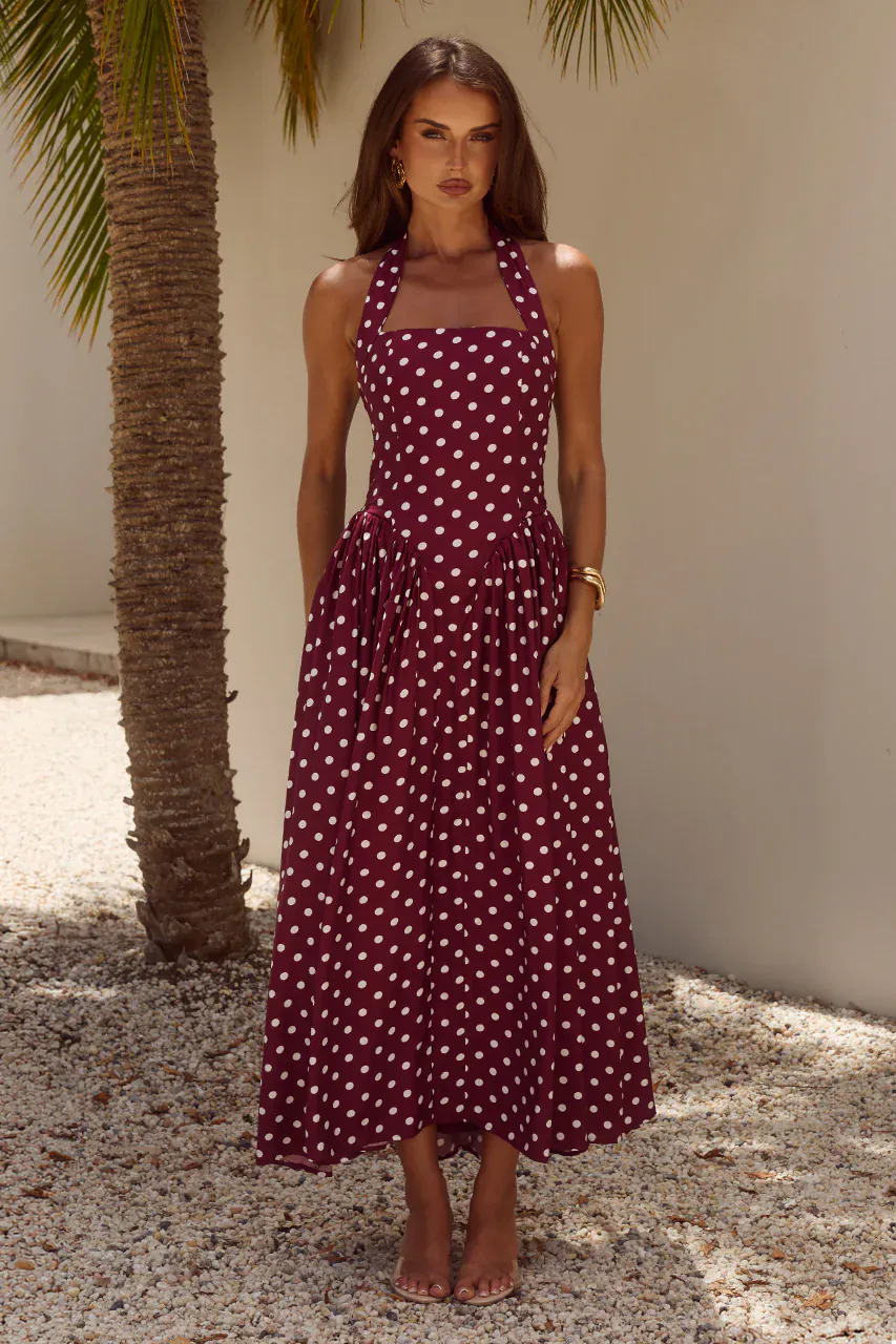 Runaway The Label Sammi Halter Midi Dress - Wine/White Polka