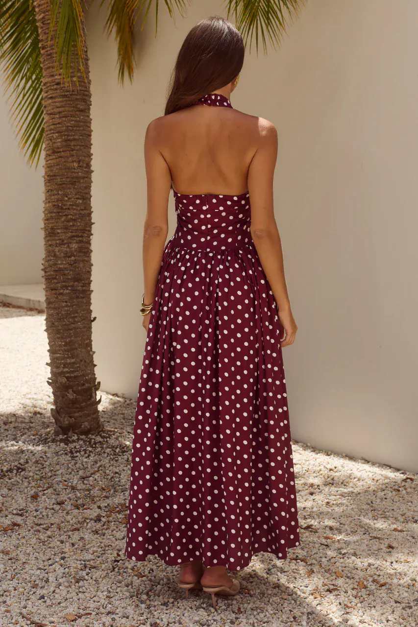 Runaway The Label Sammi Halter Midi Dress - Wine/White Polka - Image 2
