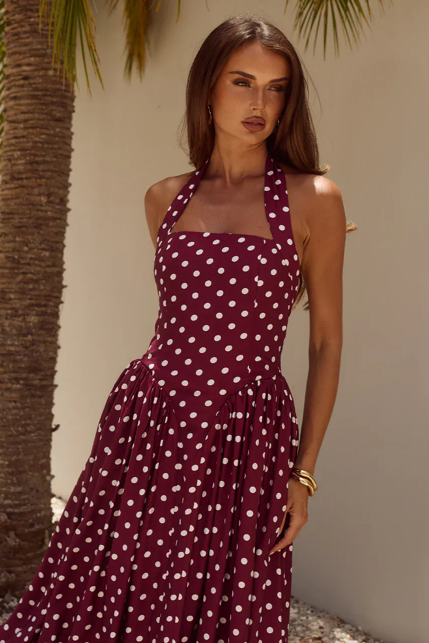 Runaway The Label Sammi Halter Midi Dress - Wine/White Polka - Image 3