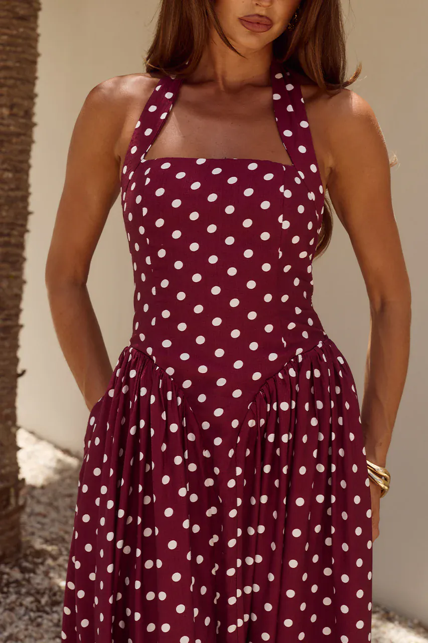 Runaway The Label Sammi Halter Midi Dress - Wine/White Polka - Image 4