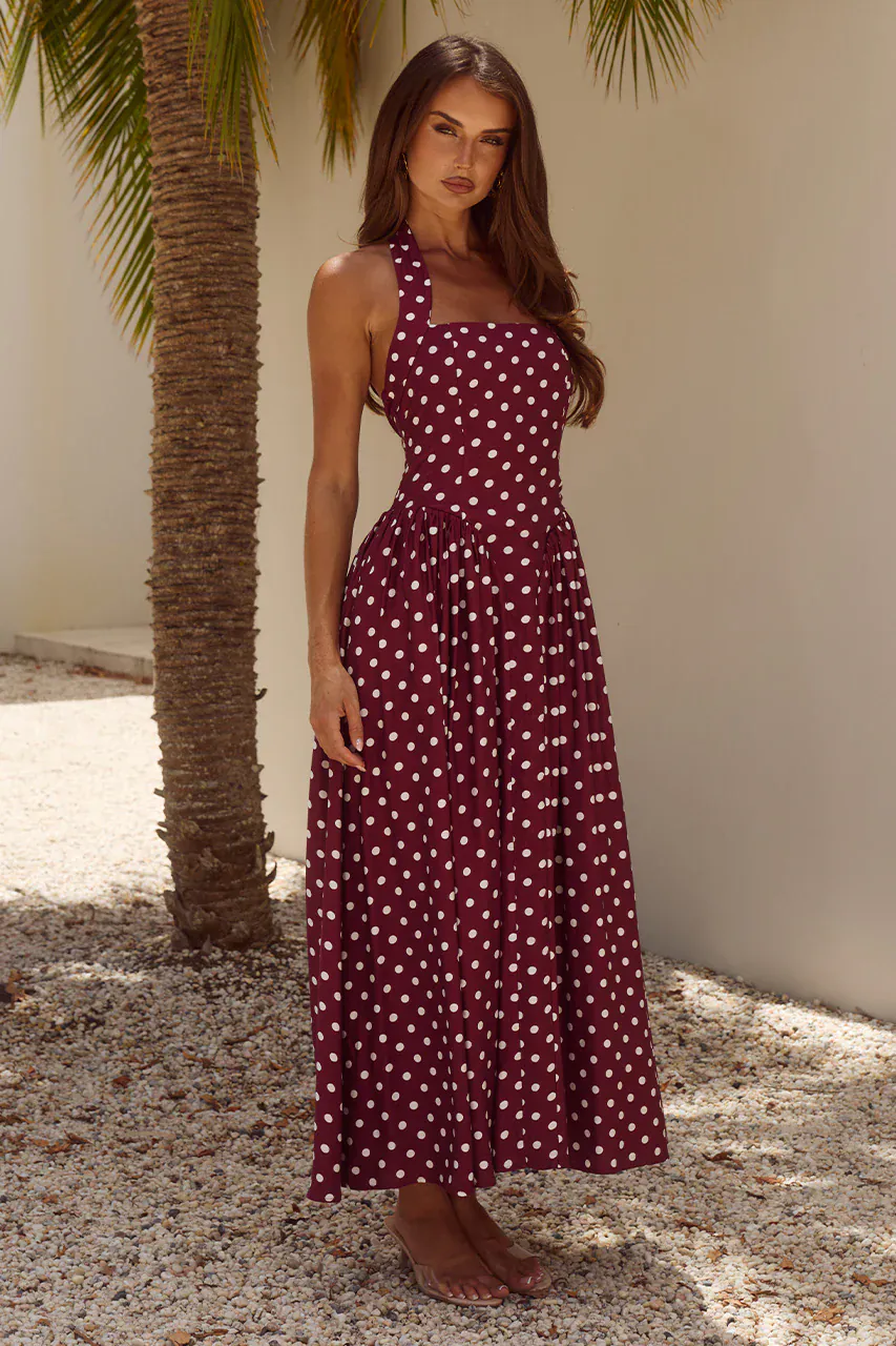 Runaway The Label Sammi Halter Midi Dress - Wine/White Polka - Image 5
