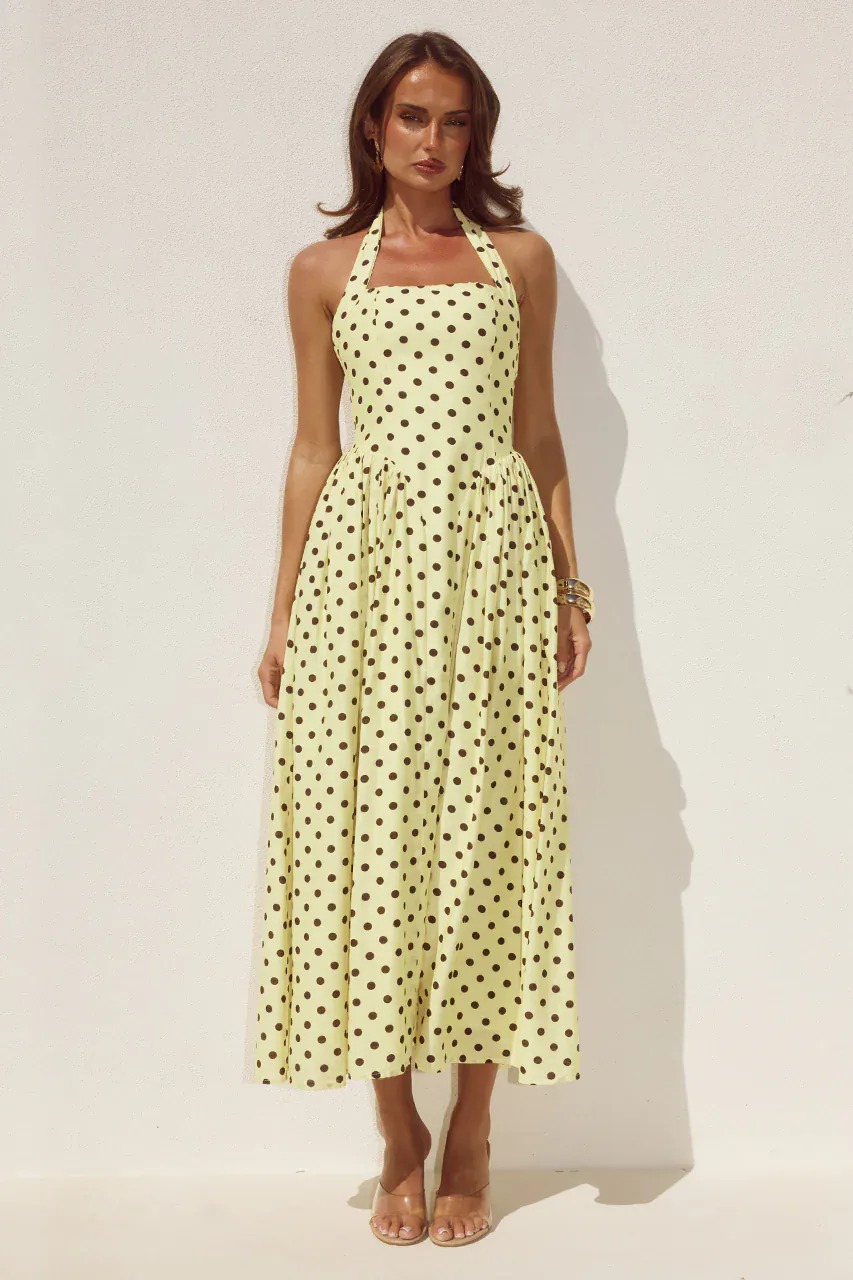 Runaway The Label Sammi Halter Midi Dress - Lemon/Choc Polka