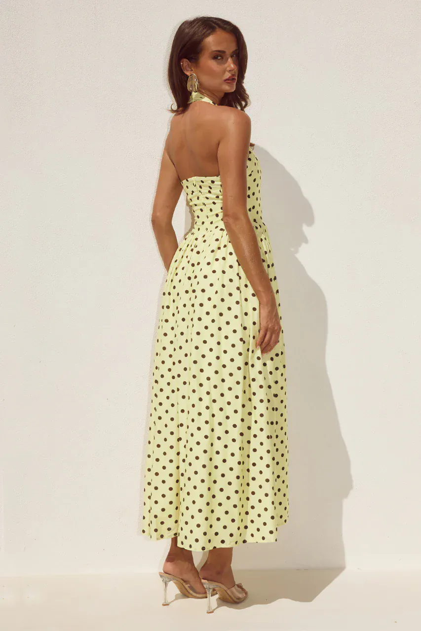 Runaway The Label Sammi Halter Midi Dress - Lemon/Choc Polka - Image 2