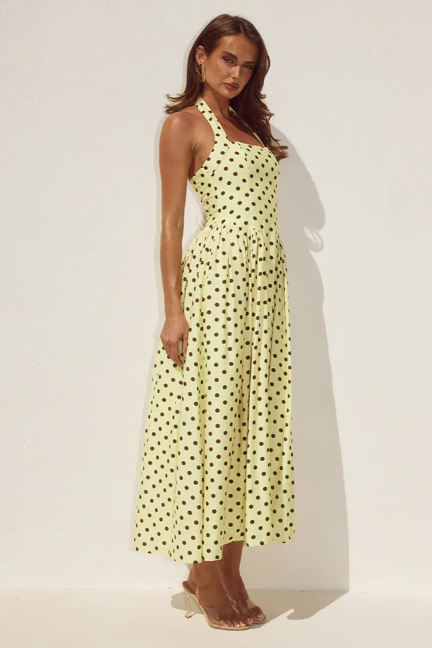 Runaway The Label Sammi Halter Midi Dress - Lemon/Choc Polka - Image 4