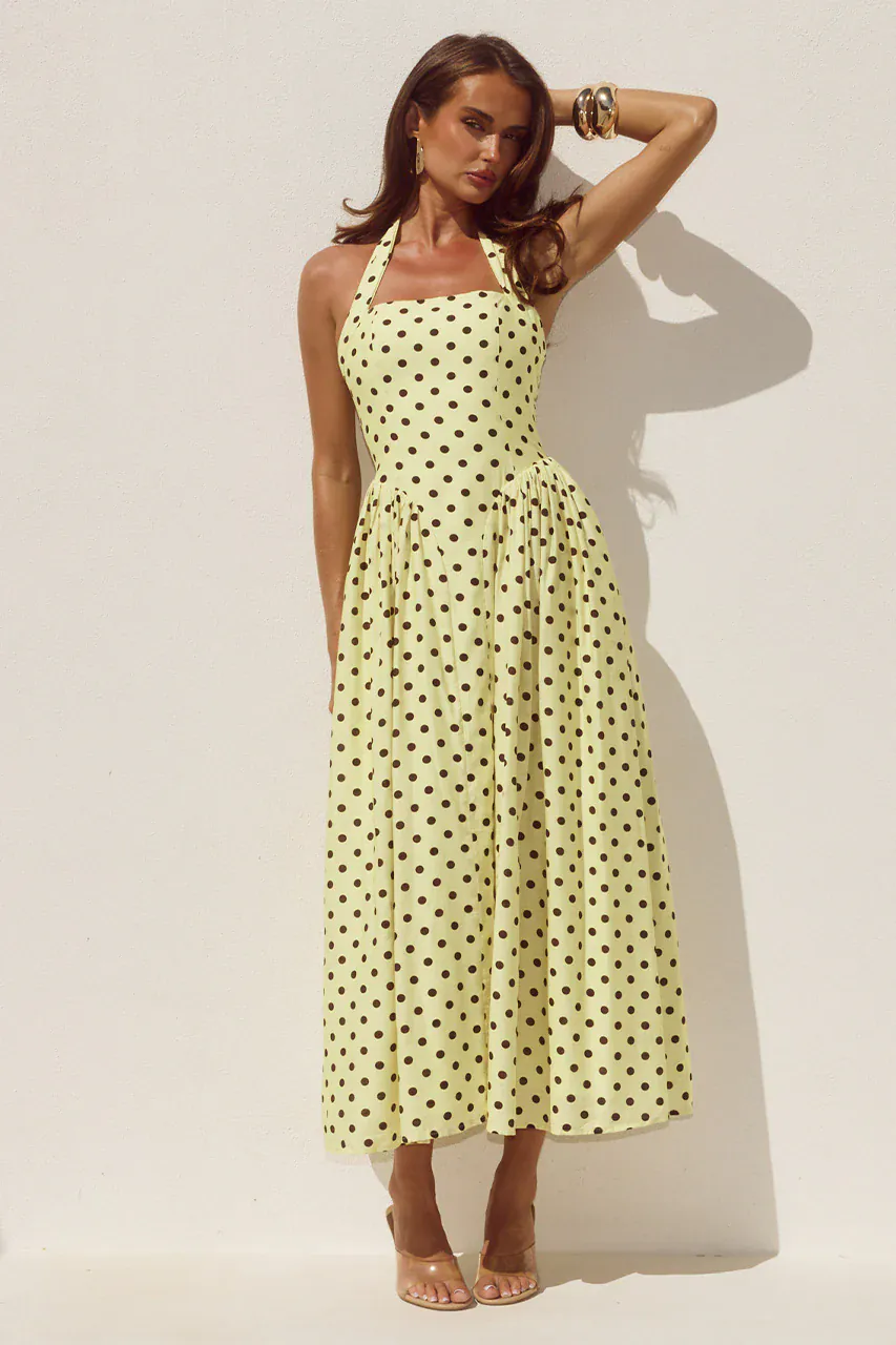 Runaway The Label Sammi Halter Midi Dress - Lemon/Choc Polka - Image 5
