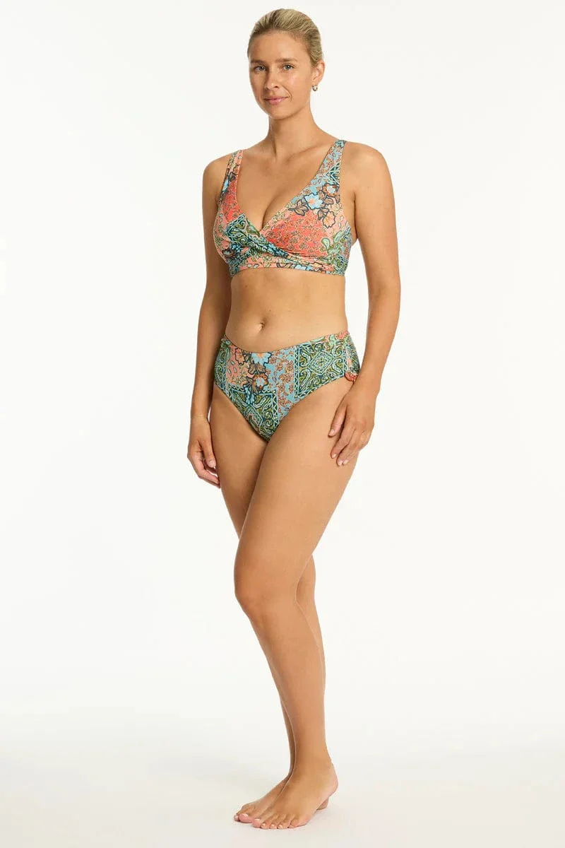 Sea Level Java Cross Front Multifit Bra Top & Tie Side Cheeky Pant Bikini Set - Coral - Image 6