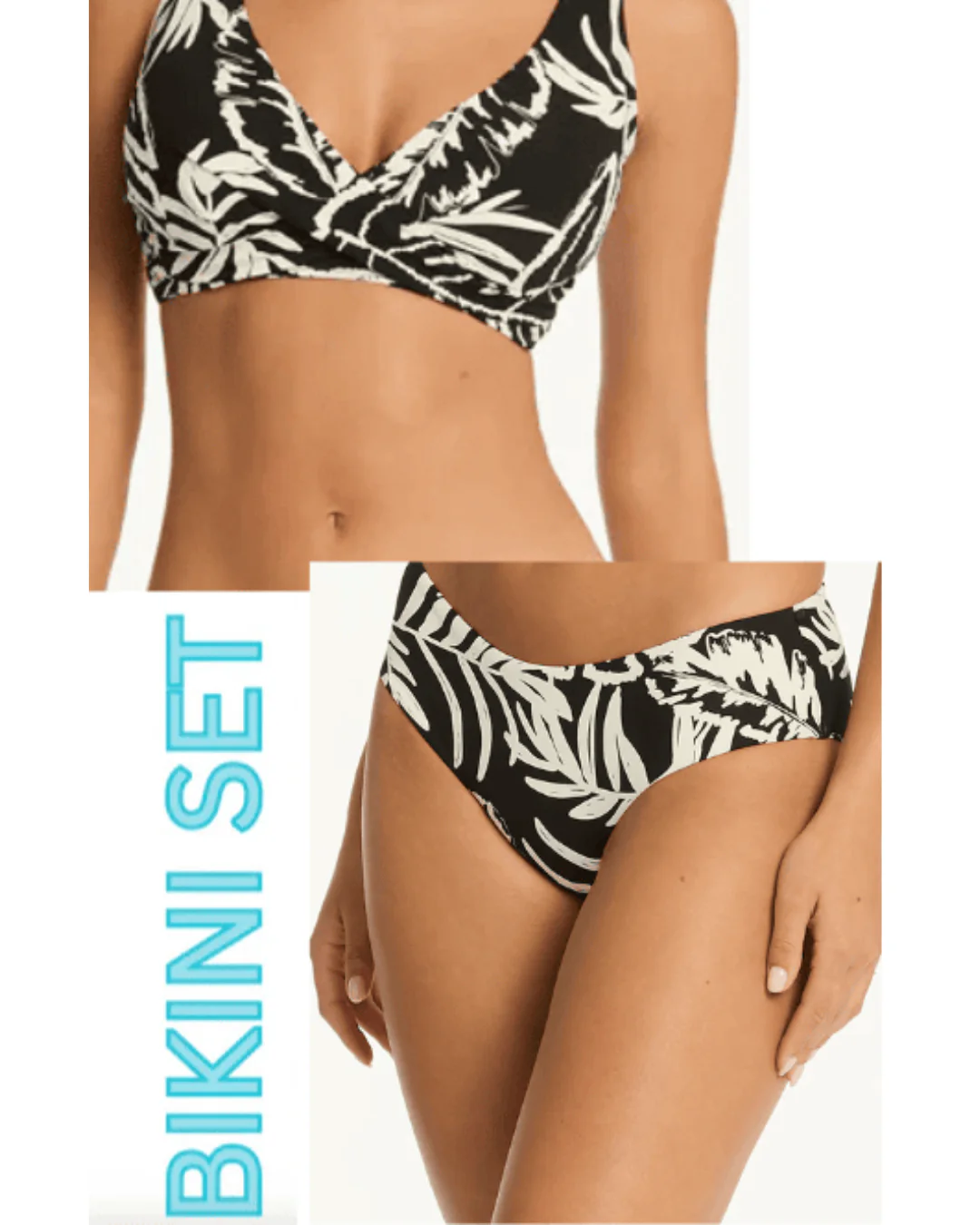 Sea Level Jungle Book G Cup Cross Front Bra Top & Mid Bikini Pant Set - Black