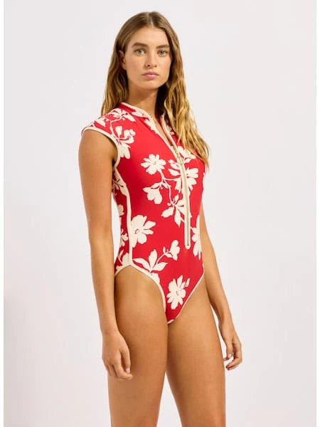 Seafolly Mayflower Cap Sleeve Zip Front One Piece - Cosmo Red