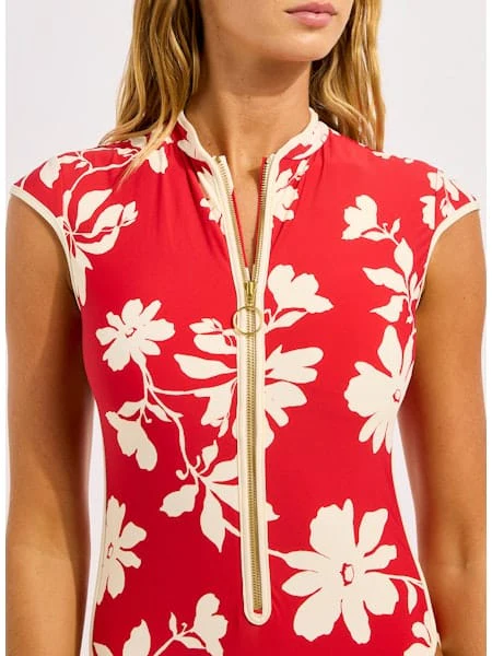 Seafolly Mayflower Cap Sleeve Zip Front One Piece - Cosmo Red - Image 3