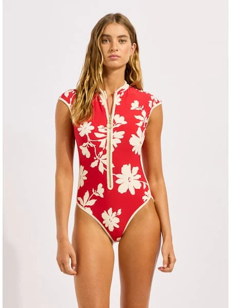 Seafolly Mayflower Cap Sleeve Zip Front One Piece - Cosmo Red - Image 4