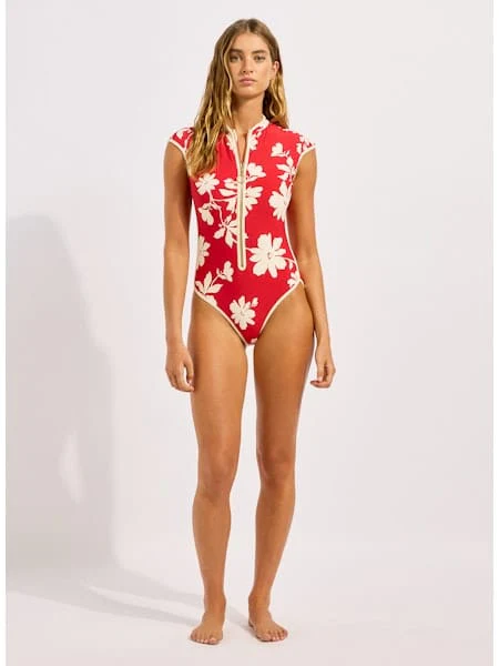 Seafolly Mayflower Cap Sleeve Zip Front One Piece - Cosmo Red - Image 5