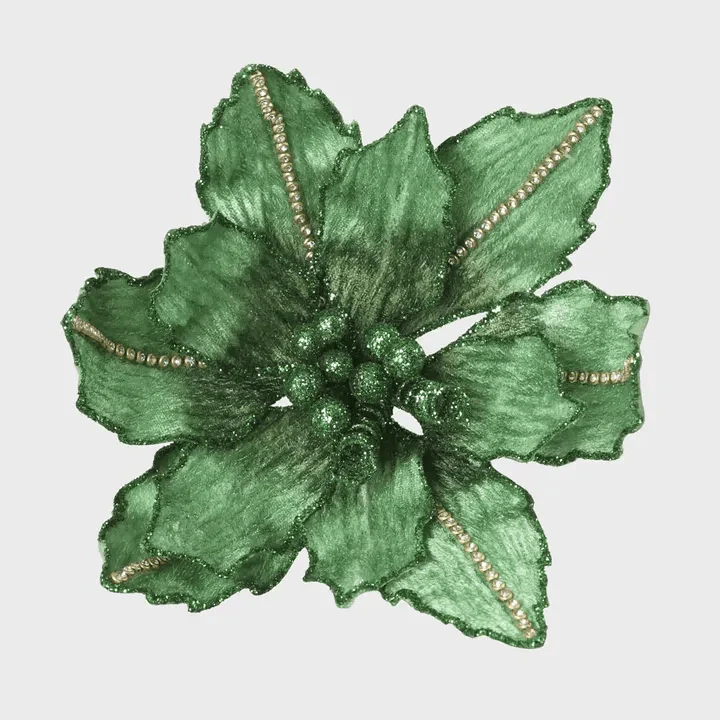 Velvet Crystal Clip on Poinsettia - Emerald Green